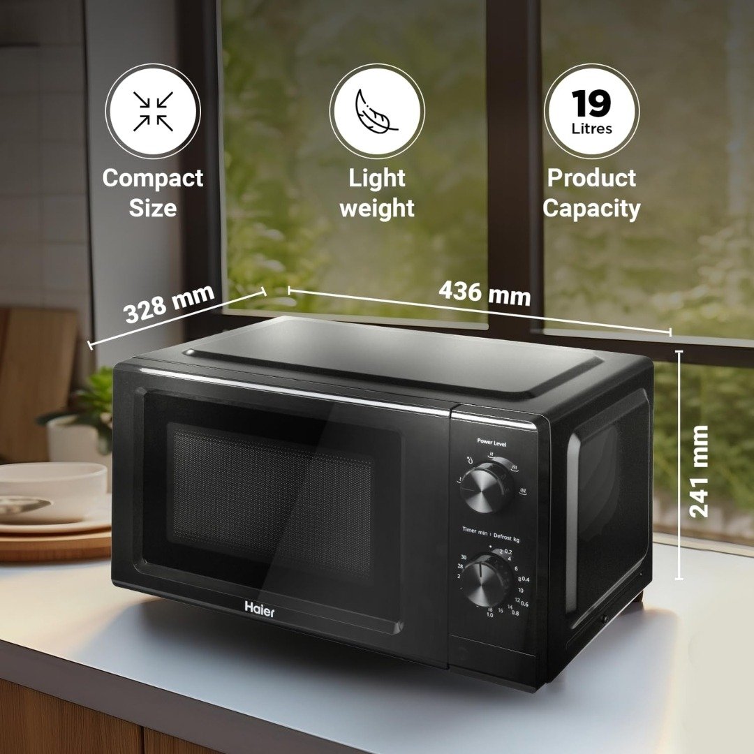 "Haier 19L Solo Microwave Oven with Inverter Technology – Compact, Efficient & Versatile Cooking"