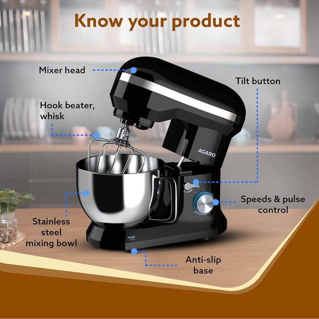 AGARO Royal Stand Mixer 1000W with 5L Bowl | 8 Speed Settings & Durable Attachments