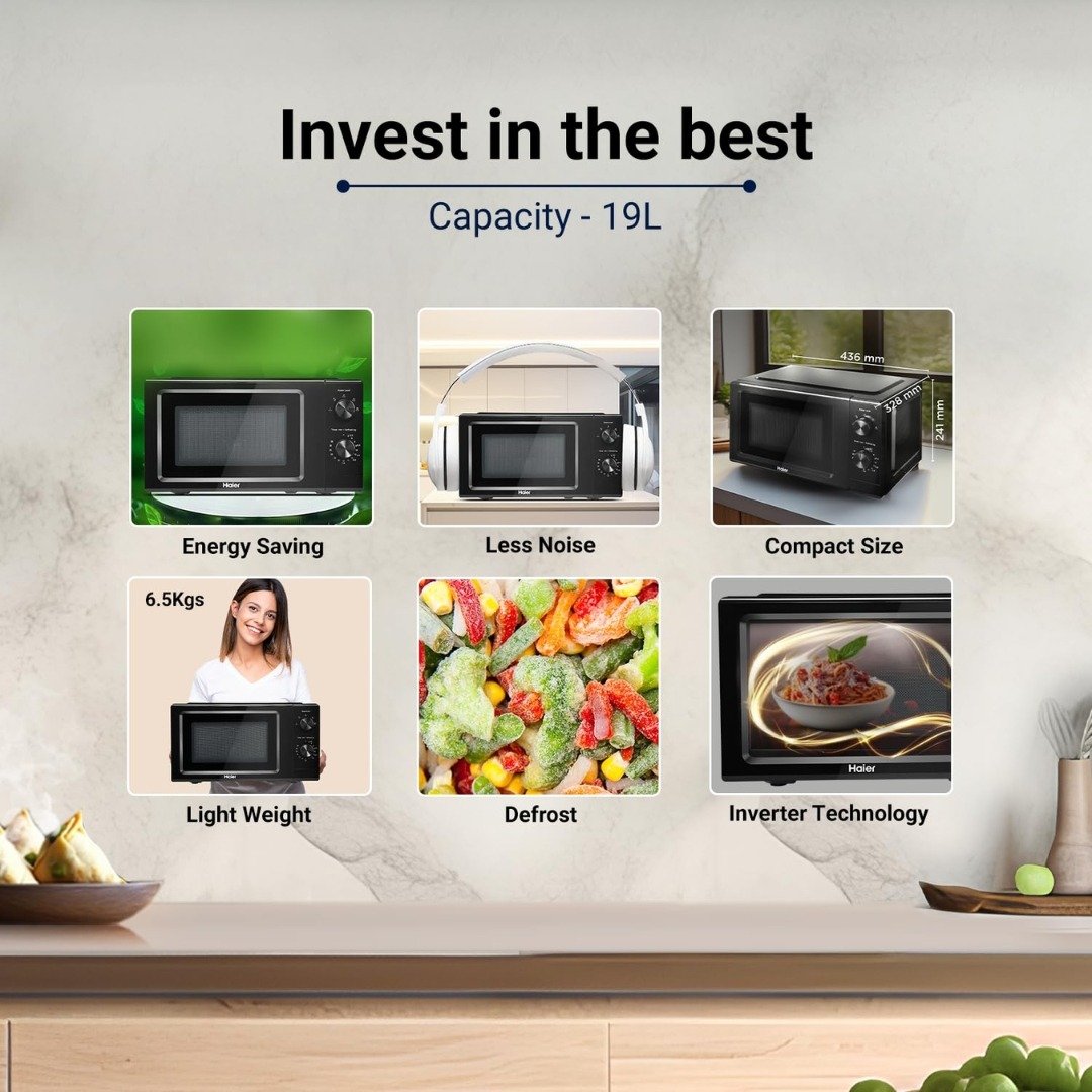 "Haier 19L Solo Microwave Oven with Inverter Technology – Compact, Efficient & Versatile Cooking"